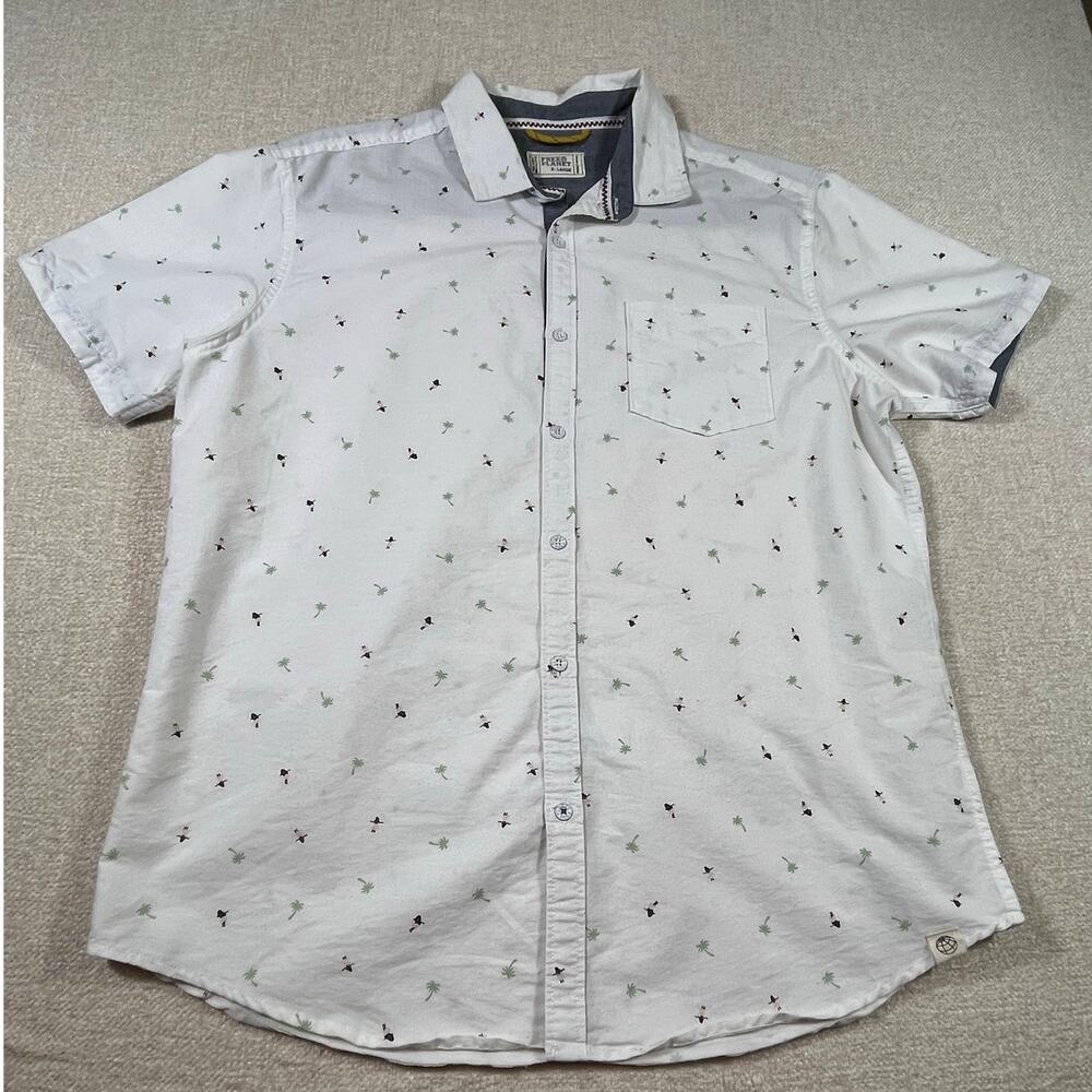 Free Planet Mens XL White Hula Girl Hawaiian Print Button Front Shirt Retro Tiki